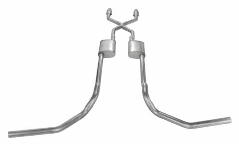 Crossmember Back w/X-Pipe Exhaust System 75-76 Ford Truck Split Rear Dual Exit 2.5 in Intermediate And Tail Pipe Hardware Incl Turbo pro Muffler Incl Tip Not Incl Catalytic Converter Incl Pypes Exhaust