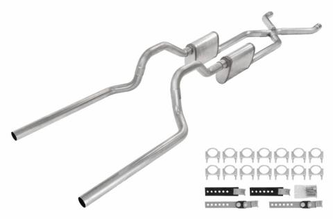 Crossmember Back W/ X-Pipe Exhaust System 63-66 GM Truck Split Rear Dual Exit 2.5 Inch Intermediate And Tailpipe Hardware Incl Violator Muffler Incl And Tip Not Incl Stainless Steel Pypes Exhaust