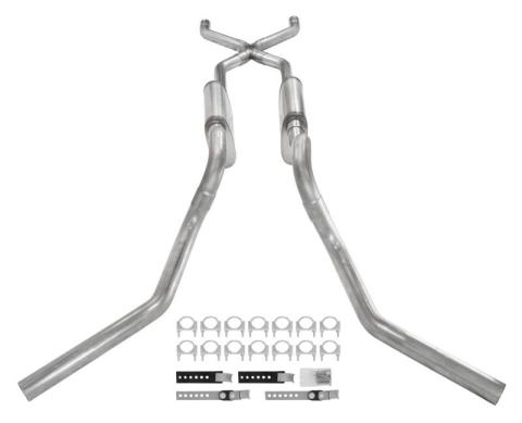 Crossmember Back W/ X-Pipe Exhaust System 63-66 GM Truck Split Side Dual Exit 2.5 Inch Intermediate And Tailpipe Hardware Incl Race Pro Muffler Incl And Tip Not Incl Stainless Steel Pypes Exhaust