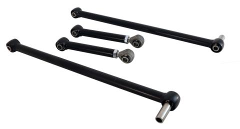 Replacement 4-Link Bar Kit W/ R-Joints Standard Adj For 1964-1970 Mustang Old Design Bars Canted Inward Non Adjustable Lower Bars Single Adjustable Upper Bars And R-Joint Spacers Powder Coated Satin Black Ridetech