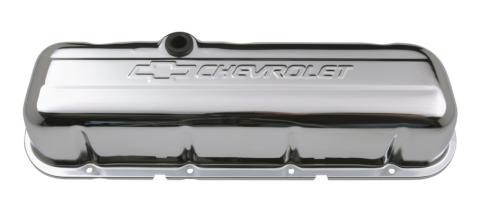 Engine Valve Covers Stamped Steel Tall Chrome w/ Bowtie Logo Fits BB Chevy Embossed Chevrolet &amp; Bowtie Logos Chevrolet Performance Parts