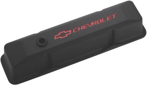 Engine Valve Covers Tall Style Die Cast Black with Bowtie Logo Fits SB Chevy Recessed Red Chevrolet &amp; Bowtie Logos Chevrolet Performance Parts