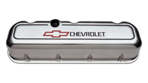Engine Valve Covers Tall Style Die Cast Polished with Bowtie Logo BB Chevy Recessed Black Chevrolet &amp; Red Bowtie Logos Chevrolet Performance Parts