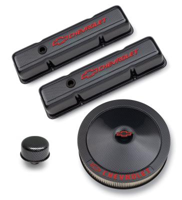 Engine Dress-Up Kit Black Carbon Finish Red Bowtie Red Letters For SB Chevy Tall Wrap Chevrolet Performance Parts