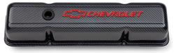 Engine Valve Covers Stamped Steel Tall Carbon w/ Bowtie Logo Fits SB Chevy Embossed Red Chevrolet &amp; Bowtie Logos Chevrolet Performance Parts