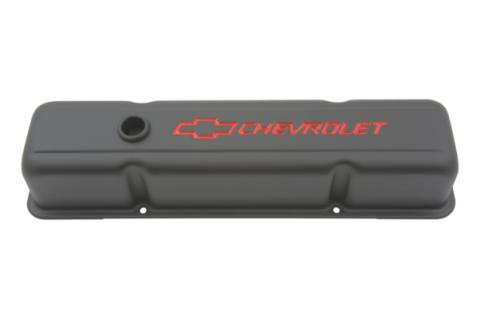 Engine Valve Covers Stamped Steel Tall Black w/ Bowtie Logo Fits SB Chevy Embossed Red Chevrolet &amp; Bowtie Logos Chevrolet Performance Parts