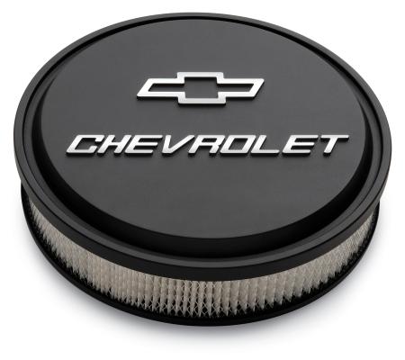 14 Inch Air Cleaner Kit Alunimum Black Crinkle Raised Chevy and Bowtie Emblems Chevrolet Performance Parts