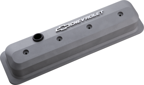 Valve Covers SBC 87-Pres LS Ctr Bolt Tall Alum Cast Gray Raised Emblems Raised Chevrolet &amp; Bowtie Logos Chevrolet Performance Parts
