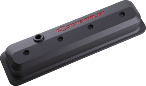 Valve Covers SBC 87-Pres LS Ctr Bolt Tall Alum Black Crinkle Rec Emblems Recessed Red Chevrolet &amp; Bowtie Logos Chevrolet Performance Parts