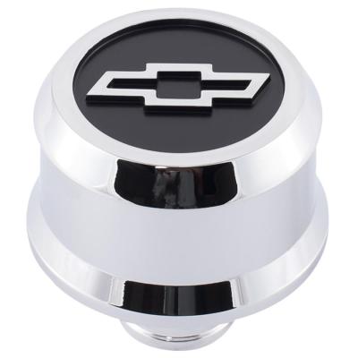 Slant-Edge Aluminum Push-In Air Breather Cap Chrome Finish Blackfield Bowtie Emblem Proform