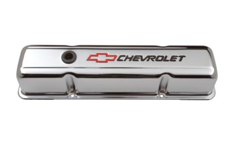Engine Valve Covers Stamped Steel Tall Chrome w/ Bowtie Logo Fits SB Chevy Embossed Black Chevrolet &amp; Red Bowtie Logos Chevrolet Performance Parts