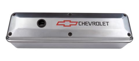 Engine Valve Cover 2 Piece Tall Style Die Cast Polish w/Bowtie Logo SB Chevy Recessed Black Chevrolet &amp; Red Bowtie Logos Chevrolet Performance Parts