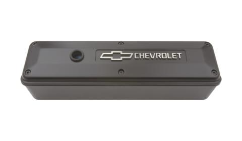 Engine Valve Cover 2 Piece Tall Style Die Cast Black w/Bowtie Logo SB Chevy Raised Chevrolet &amp; Bowtie Logos Chevrolet Performance Parts