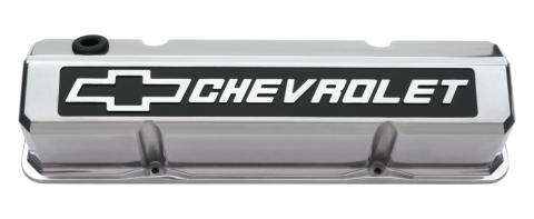 Valve Covers Slant Edge Tall Die Cast Polished w/Raised Bowtie Logo SB Chevy Raised Chevrolet &amp; Bowtie Logos Chevrolet Performance Parts