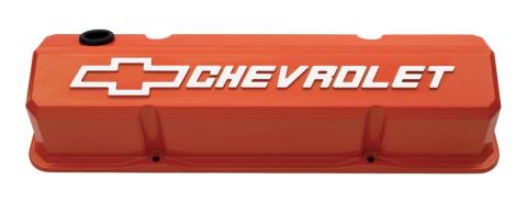 Valve Covers Slant Edge Tall Die Cast Orange W/Raised Bowtie Logo SB Chevy Raised Chevrolet & Bowtie Logos Chevrolet Performance Parts