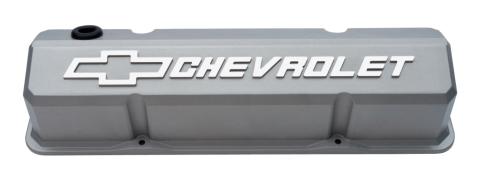 Valve Covers Slant Edge Tall Die Cast Gray w/Raised Bowtie Logo For SB Chevy Raised Chevrolet &amp; Bowtie Logos Chevrolet Performance Parts