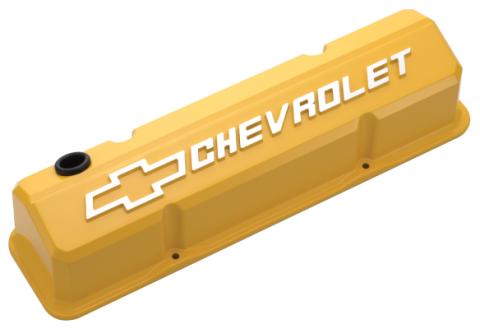 Valve Covers Slant Edge Tall Die Cast Yellow W/Raised Bowtie Logo SB Chevy Raised Chevrolet &amp; Bowtie Logos Chevrolet Performance Parts