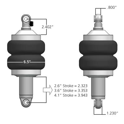 Front HQ Shockwaves 1000 Series W/ 4.1 Inch Stroke, 1.7 Inch Eye Pair Of Rebound Adjustable Shock waves 6.5 Inch Double Convoluted W/ 1/4 Inch Fittings, Bearing Spacers 1/2 Inch, 5/8 Inch 10.75 Inch X 14.25 Inch W/ A 12.5 -12.75 Inch Ride Height Ridetech
