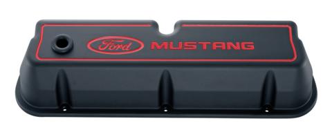 Engine Valve Covers Tall Alum Black Crinkle with Mustang Logo Ford SB Recessed Red Ford Mustang Logo Ford Racing