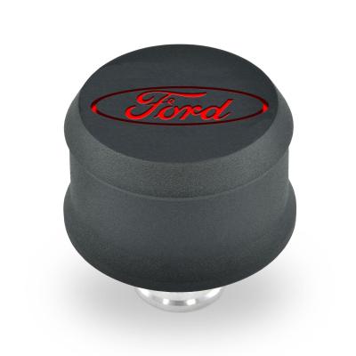 Slant-Edge Aluminum Push-In Air Breather Cap Black Crinkle Finish Recessed Red Oval Ford Emblem Proform