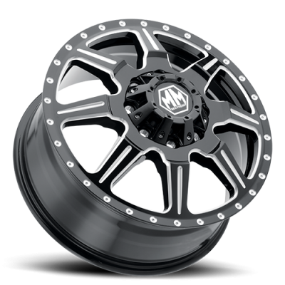 Mayhem Dually Wheels Monstir Dually 8101 GB-M 17x6.5 Front Dually Milled Spokes Black 134 Off Set 8 Lug 9 BSM 130.18 Bore 165.1 Bolt Circle Cast Aluminum
