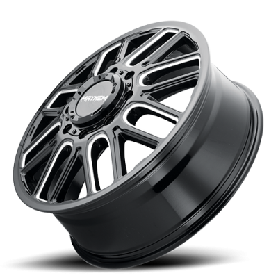 Mayhem Dually Wheels Cogent Dually 8107D 22x8.25 Front Dually Milled Spokes Gloss Black 115 Off Set 8 Lug 9.15 BSM 121.3 Bore 165.1 Bolt Circle Cast Aluminum