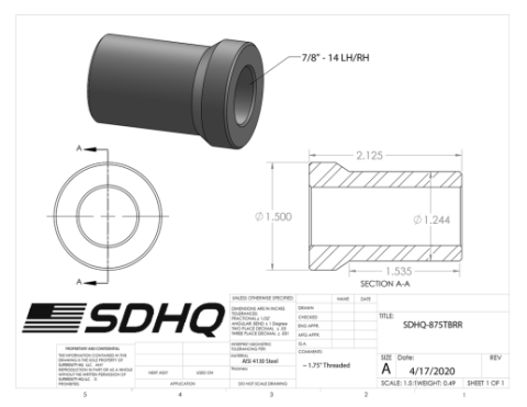 7/8 Inch - 14 Left Hand For 1.50 Inch X .120 Wall Stepped Race Style Bung 4130 SDHQ Offroad