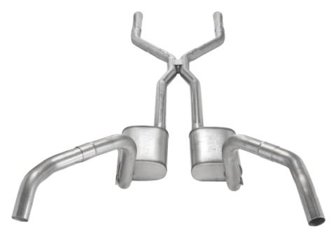 Crossmember Back w/H-Pipe Exhaust System 67-69 Split Rear Dual Exit 3 in Intermediate And Tail Pipe Hardware Incl Muffler And Tip Not Incl Natural 409 Stainless Steel Pypes Exhaust