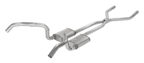 Crossmember Back w/H-Pipe Exhaust System 67-69 Split Rear Dual Exit 3 in Intermediate And Tail Pipe Violator Mufflers/Hardware Incl Tip Not Incl Natural 409 Stainless Steel Pypes Exhaust