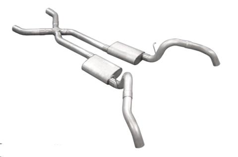 Crossmember Back w/X-Pipe Exhaust System 67-69 Split Rear Dual Exit 3 in Intermediate And Tail Pipe Violator Mufflers/Hardware Incl Tip Not Incl Natural 409 Stainless Steel Pypes Exhaust