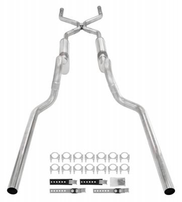 Crossmember Back W/ H-Pipe Exhaust System 63-66 GM Truck Split Rear Dual Exit 2.5 Inch Intermediate And Tailpipe Hardware Incl Street Pro Muffler Incl And Tip Not Incl Stainless Steel Pypes Exhaust