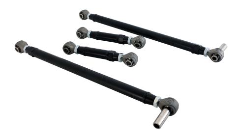 Replacement 4-Link Bar Kit W/ R-Joints Double Adj For 1964-1970 Mustang New Design Bars Canted Outward Double Adjustable Upper And Lower Bars And R-Joint Spacers Powder Coated Satin Black Ridetech