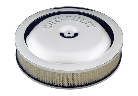 Air Cleaner Kit Chrome Embossed Chevy Logo 14 Inch Diameter W/Center Nut Chevrolet Performance Parts