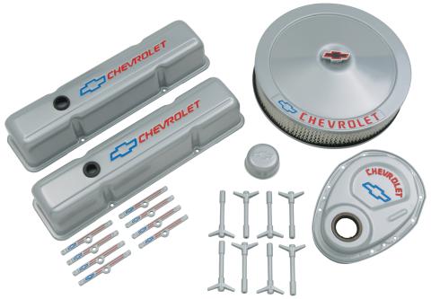 Engine Dress-Up Kit Gray w/Blue Bowtie Logo Fits SB Block Chevy Engines Tall Powdercoat Chevrolet Performance Parts
