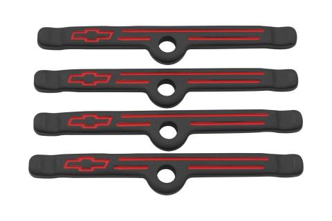 Engine Valve Cover Holdown Clamps Black Crinkle w/Bowtie Logo SB Chevy 4 Pcs Red Lines & Bowties Chevrolet Performance Parts