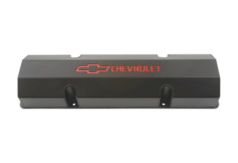 Engine Valve Covers Fabricated Aluminum Black with Bowtie Logo Fits SB Chevy Recessed Red Chevrolet & Bowtie Logos Chevrolet Performance Parts
