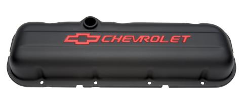 Engine Valve Covers Stamped Steel Short Black w/ Bowtie Logo Fits BB Chevy Embossed Red Chevrolet & Bowtie Logos Chevrolet Performance Parts
