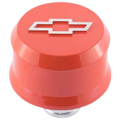 Slant-Edge Aluminum Push-In Air Breather Cap Chevy Orange Raised Machined Bowtie Emblem Proform