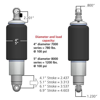 Rear HQ Shockwaves 7000 Series W/ 5.2 Inch Stroke And 1.7 Inch Eye Pair Of Rebound Adjustable Shock waves 4 Inch Rolling Sleeve W/ 1/4 Inch Fittings And Bearing Spacers 1/2 Inch And 5/8 Inch 11.85 Inch X 16.4 Inch W/ A 14 -14.5 Inch Ride Height Ridetech
