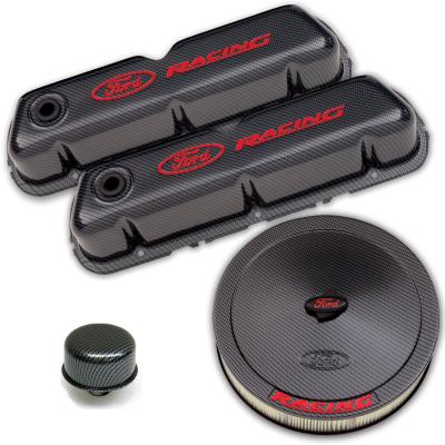 Engine Dress-Up Kit Carbon Finish w/ Red Ford Racing Logo Fits SB Ford Engines Stock Wrap Ford Racing