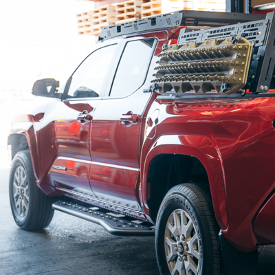 Step Edition Rock Slider For 24-Present Toyota Tacoma/Double Cab Short Bed W/ No Kick Out/Yes (Bed Liner)/Powdercoat Cali Raised LED