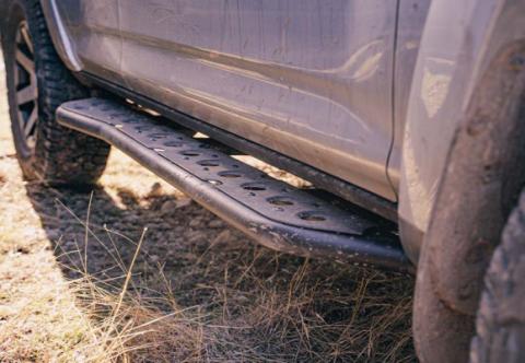 Step Edition Rock Slider For 24-Present Toyota Tacoma/Double Cab Long Bed W/ No Kick Out/Yes (Raw Steel)/Powdercoat Cali Raised LED