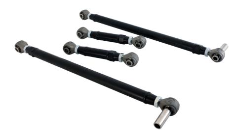 Replacement 4-Link Bar Kit W/ R-Joints Double Adj For 1967-1969 Camaro and Firebird New Design Bars Canted Inward Double Adjustable Upper And Lower Bars And R-Joint Spacers Powder Coated Satin Black Ridetech