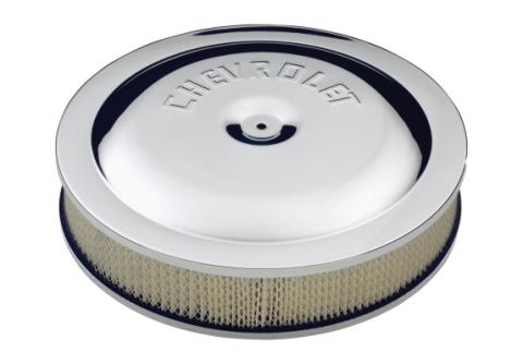 Air Cleaner Kit Chrome Embossed Chevy Logo 14 Inch Diameter W/Center Nut Chevrolet Performance Parts