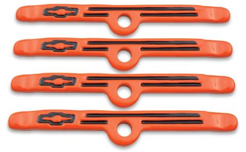 Engine Valve Cover Holdown Clamps Orange with Black Bowtie Logo SB Chevy 4 Pc Black Lines & Bowties Chevrolet Performance Parts
