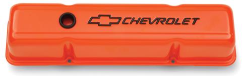 Engine Valve Covers Stamped Steel Tall Orange w/ Bowtie Logo Fits SB Chevy Black Chevrolet & Bowtie Logos Chevrolet Performance Parts