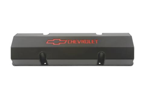 Engine Valve Covers Fabricated Aluminum Black with Bowtie Logo Fits SB Chevy Recessed Red Chevrolet & Bowtie Logos Chevrolet Performance Parts