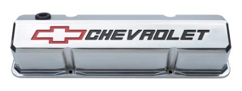 Valve Covers Slant Edge Tall Die Cast Polish w/Recessed Bowtie Logo SB Chevy Recessed Black Chevrolet & Red Bowtie Logos Chevrolet Performance Parts