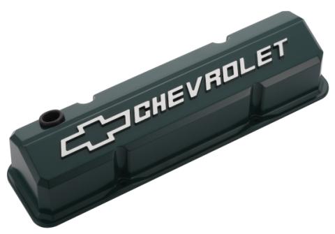 Valve Covers Slant Edge Tall Die Cast Green W/Raised Bowtie Logo SB Chevy Raised Chevrolet & Bowtie Logos Chevrolet Performance Parts