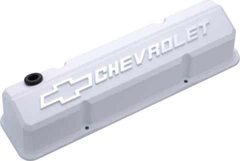 Valve Covers Slant Edge Tall Die Cast White W/Raised Bowtie Logo SB Chevy Raised Chevrolet & Bowtie Logos Chevrolet Performance Parts